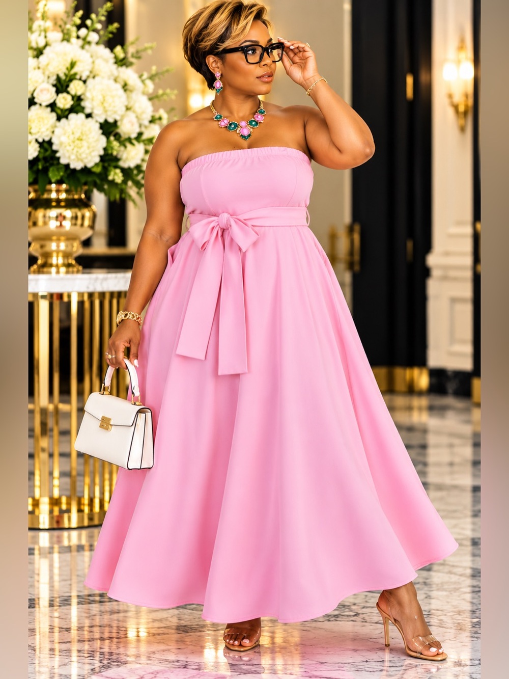 Plus Size Strapless Maxi Dress Elastic Top Bow Waist Pockets 1X-3X